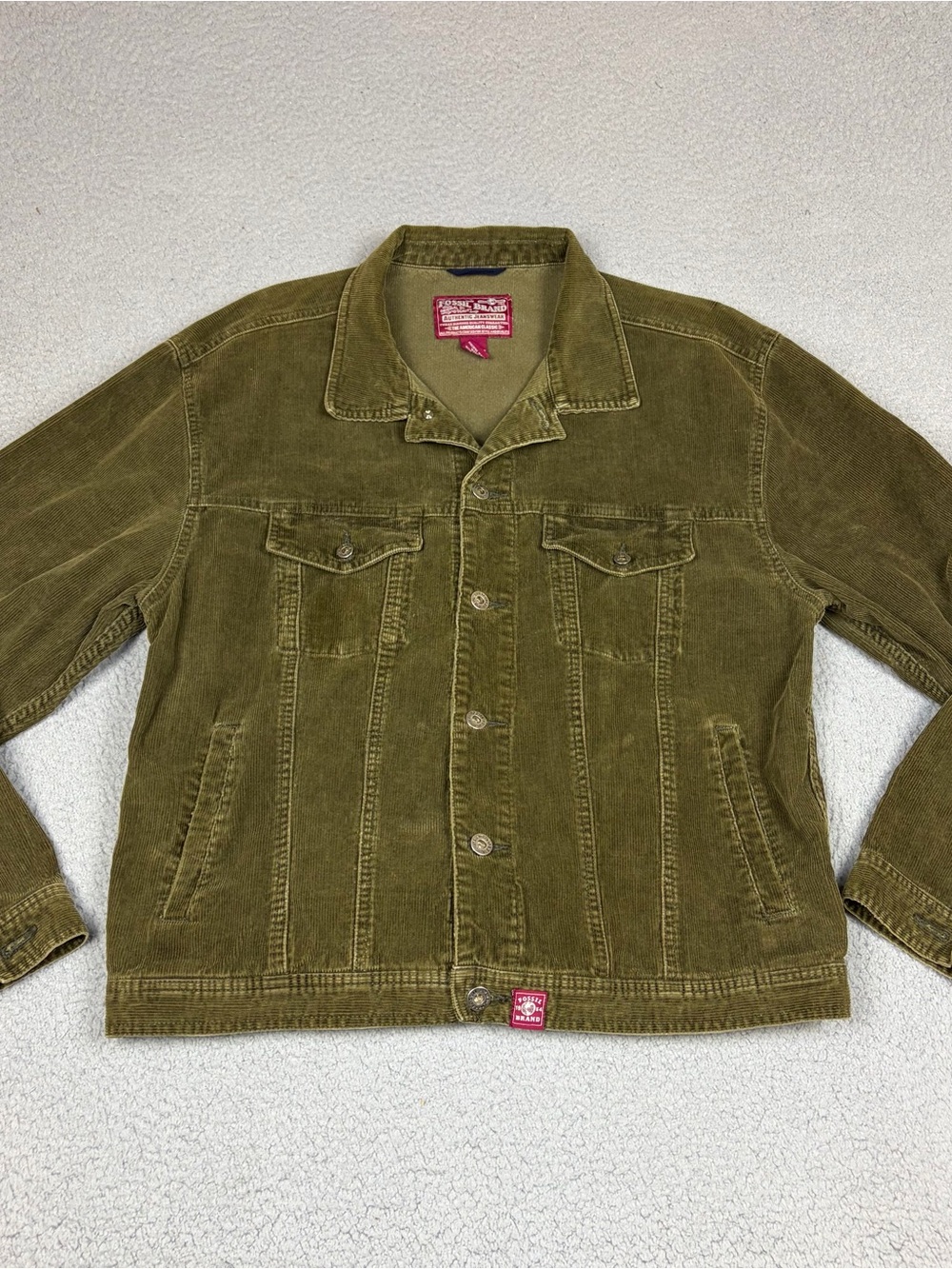 Vintage Fossil Olive Green Corduroy Jacket Flap Pockets Cotton